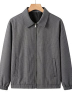 Men's Black and White Micro-Plaid Zip-Up Harrington Jacket, Classic Lapel Lightweight Lined Windbreaker, Ribbed Cuffs Wrinkle-Resistant Small Check Shirt, Suitable for Spring/Autumn Commuting, Office Wear, and Vintage Street Style - Black And White Plaid