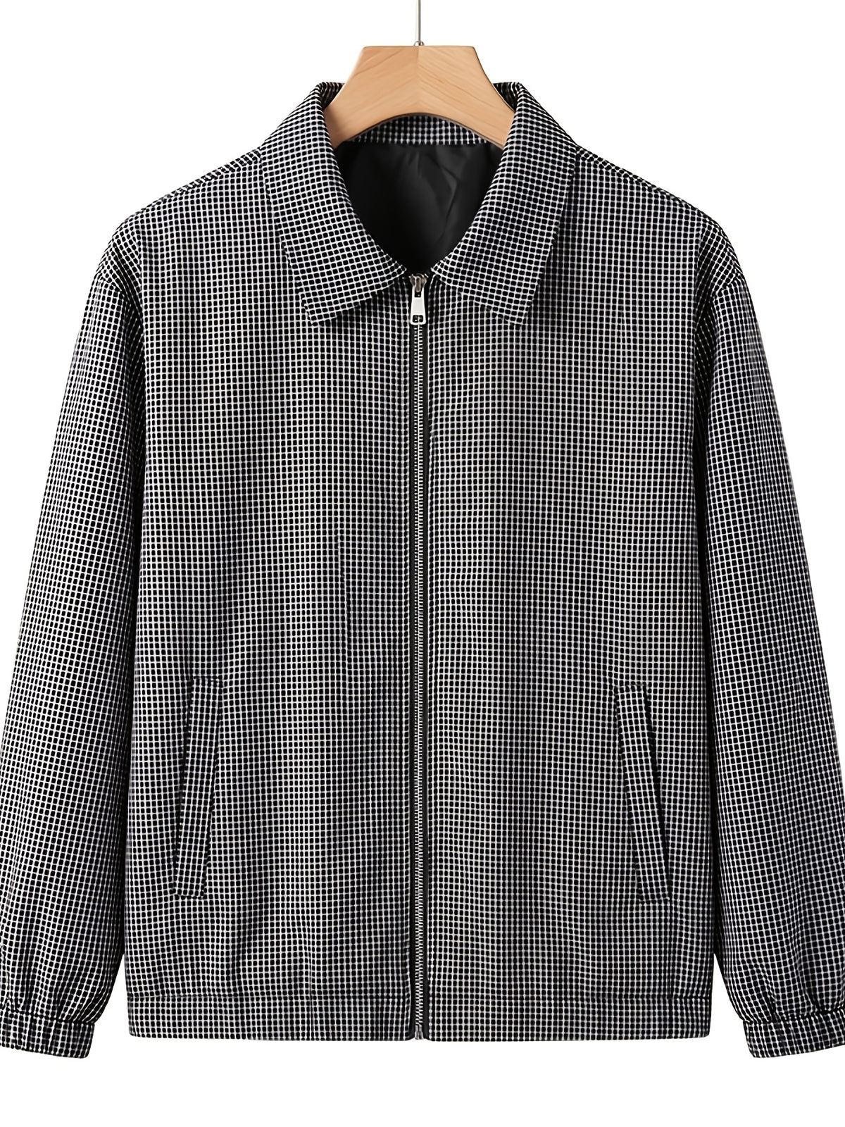 Men's Black and White Micro-Plaid Zip-Up Harrington Jacket, Classic Lapel Lightweight Lined Windbreaker, Ribbed Cuffs Wrinkle-Resistant Small Check Shirt, Suitable for Spring/Autumn Commuting, Office Wear, and Vintage Street Style - Black And White Plaid