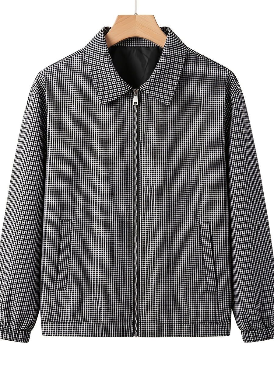 Men's Black and White Micro-Plaid Zip-Up Harrington Jacket, Classic Lapel Lightweight Lined Windbreaker, Ribbed Cuffs Wrinkle-Resistant Small Check Shirt, Suitable for Spring/Autumn Commuting, Office Wear, and Vintage Street Style - Black And White Plaid