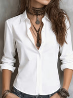 New Women's Solid Color Long-Sleeve Shirt with Lapel Collar, Designed to Create a Professional and Capable Look, Made with Skin-Friendly and Comfortable Fabric - White