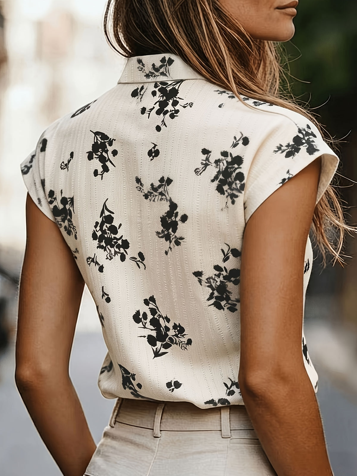 Women'S Elegant Fashion Floral Print V-Neck Commuter Shirt - Milky