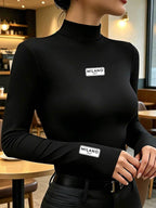 Women's Simple and Trendy Warm Long-Sleeve Half-Turtleneck Inner Layer Base Top, Popular Milan Print Pattern, New Spring, Autumn, and Winter Casual Youthful and Stylish Long-Sleeve Top, Fashionable and Elegant Slim-Fit Design for Layering - Black