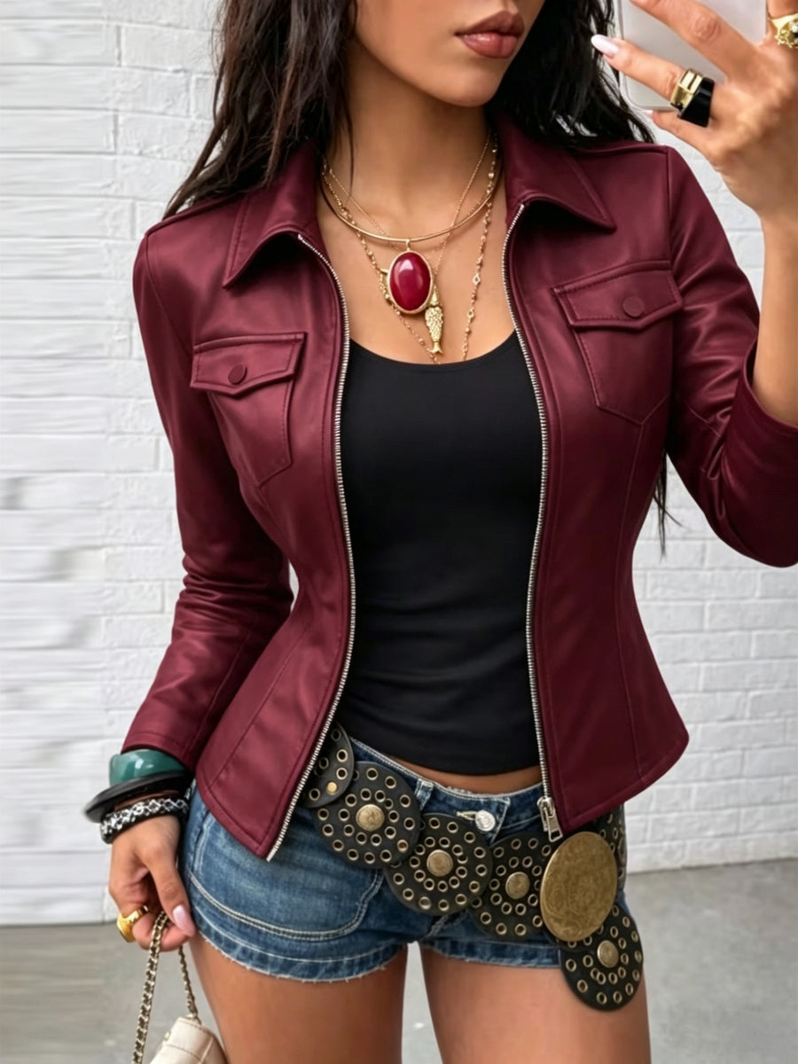 Women's Elegant PU Jacket, Fashionable Casual Solid Color Zipper Slim-Fit Jacket for Daily Wear - Burgundy