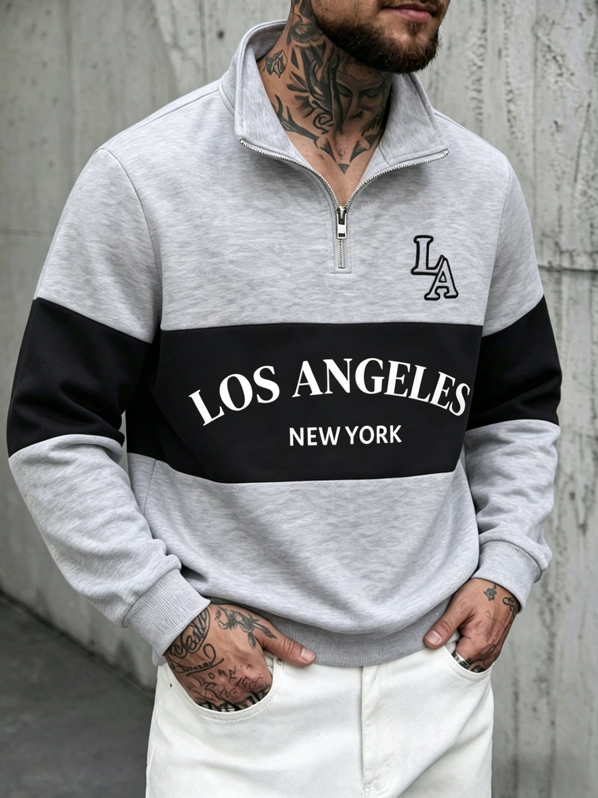 [Shule Water OBM] Spring Men'S Color-Block Letter Print Half-Zip Sweatshirt - Grey