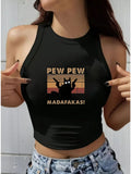 Women's Pew Pew Madafakas Black Cat Print Cropped Halter Tank Top | Funny Meme Graphic Sleeveless Crop Top - Black