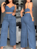 Women'S Solid Camisole Top And Wide-Leg Pants Loose Casual Fashion Set 2pcs Summer Outfit - Blue