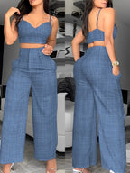 Women'S Solid Camisole Top And Wide-Leg Pants Loose Casual Fashion Set 2pcs Summer Outfit - Blue