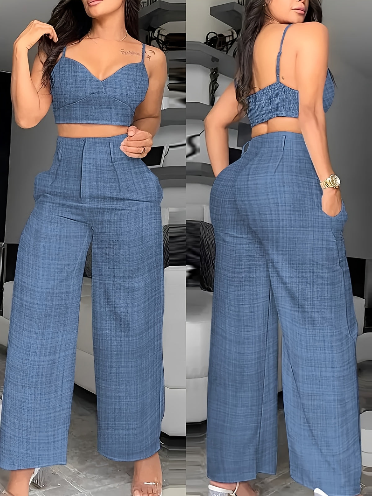 Women'S Solid Camisole Top And Wide-Leg Pants Loose Casual Fashion Set 2pcs Summer Outfit - Blue