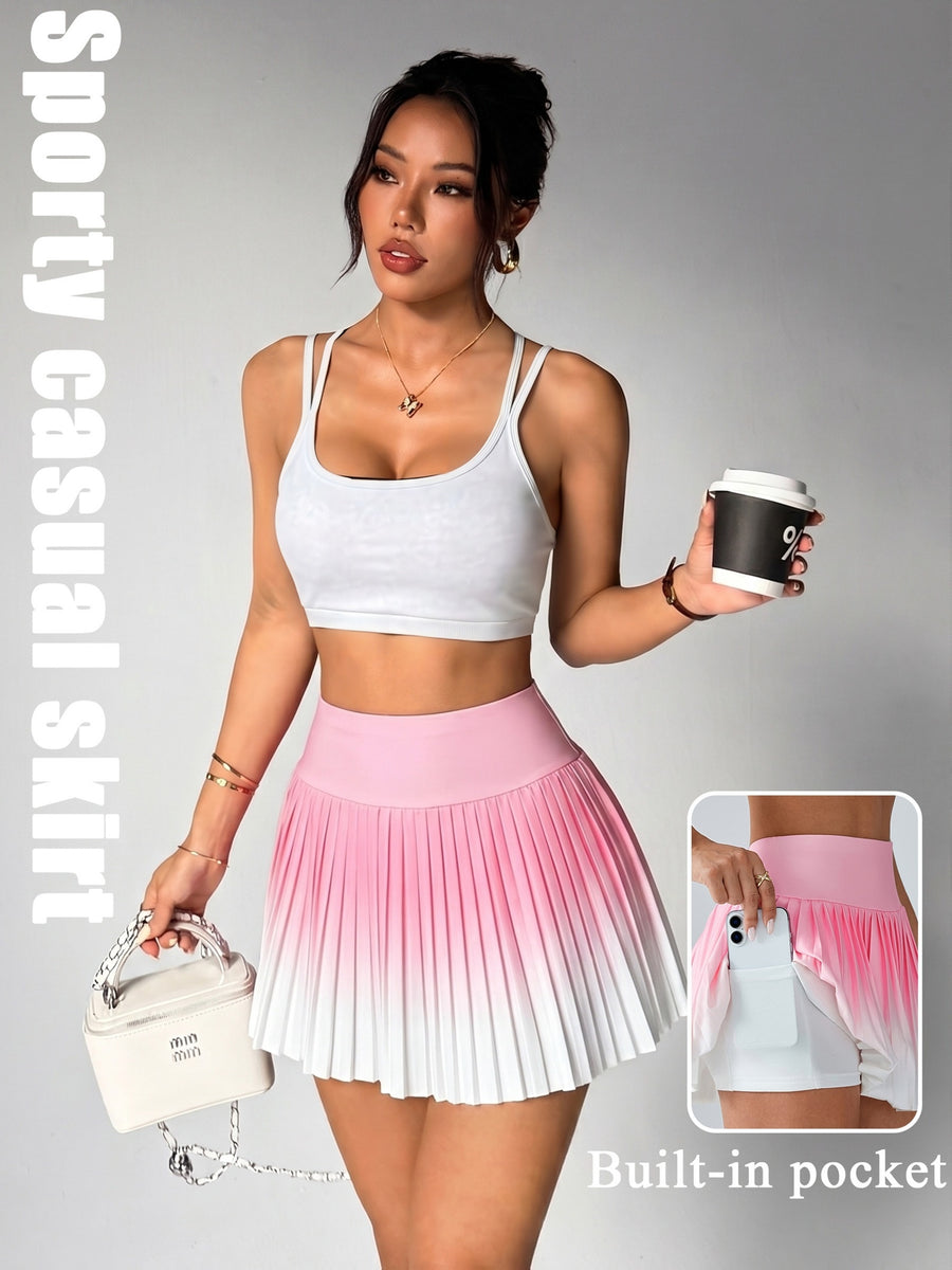 Women'S Casual High-Waisted Gradient Pleated Tennis Skirt Anti-Exposure A-Line Sports Skirt Pants with Pockets - Pink