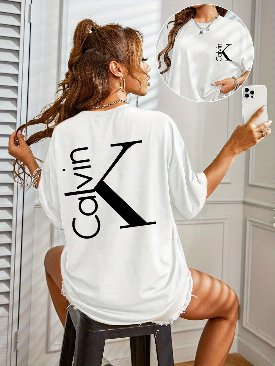 European and American Women's Casual Multicolor Round Neck Short Sleeve Simple Fashion S Loose Print T-Shirt - White
