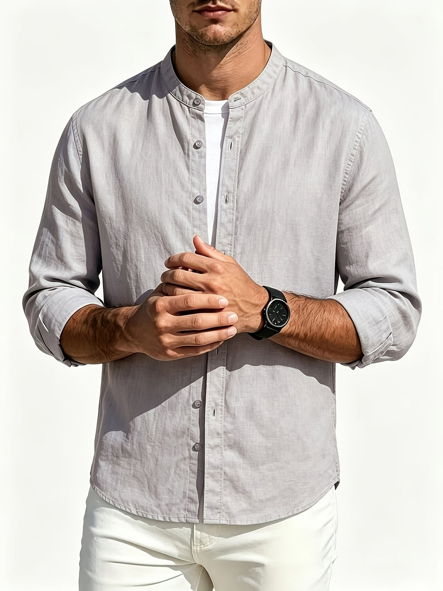 Men's Casual Stand up Collar Long Sleeved Shirt, Simple Solid Color Versatile, Suitable for Both Business and Leisure, Daily Commuting Outerwear - Grey