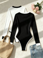 2pcs Contrast Trim Round Neck Slim Long Sleeve Jumpsuit Women'S Easy Fashion Solid Color Tight Jumpsuit - Black+Beige