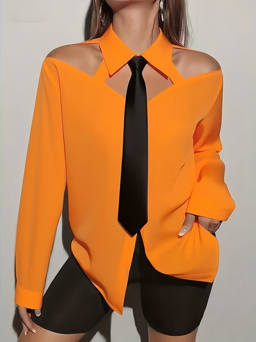 Elegant Off-Shoulder Color-Blocked Tie Long-Sleeve Blouse for Women'S Commuting: Spring Outfit Ideas, Summer Wardrobe - Orange-Red