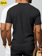 2pcs Summer Cooling Linen Polo Shirt Set, Men'S Breathable Solid Casual Shirts - Black+White