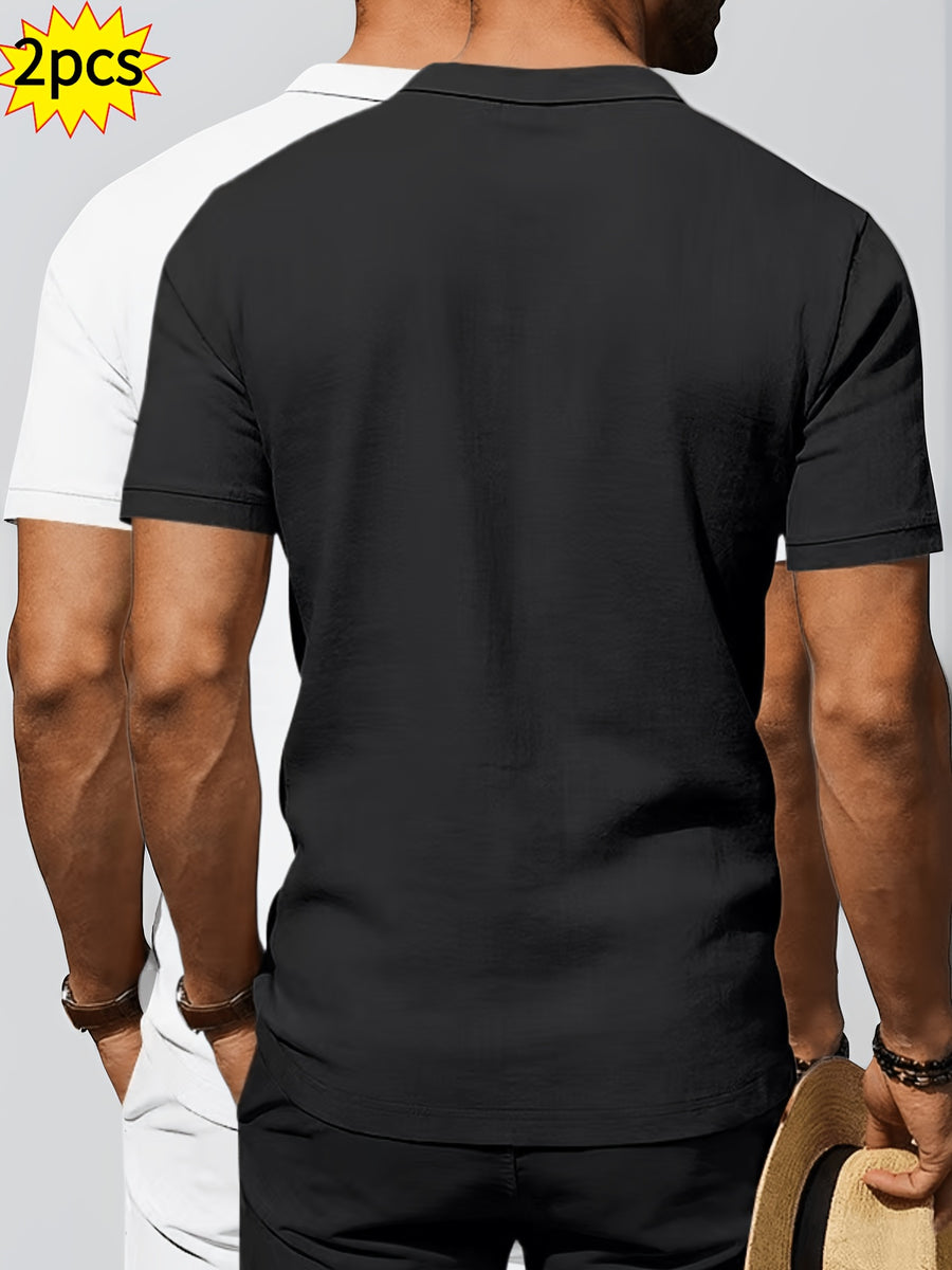 2pcs Summer Cooling Linen Polo Shirt Set, Men'S Breathable Solid Casual Shirts - Black+White