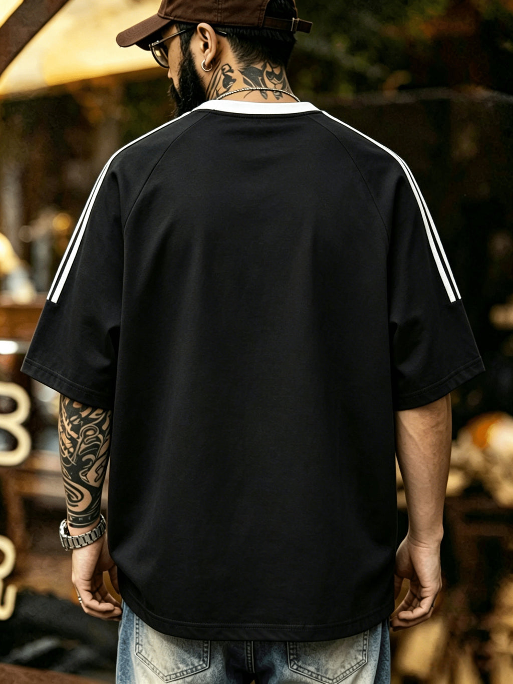 Summer Men'S Striped Street Style T-Shirt Casual Hip-Hop Round Neck Men'S Retro with Print Color-Block Collar Top Athletic Striped Short Sleeve - Black