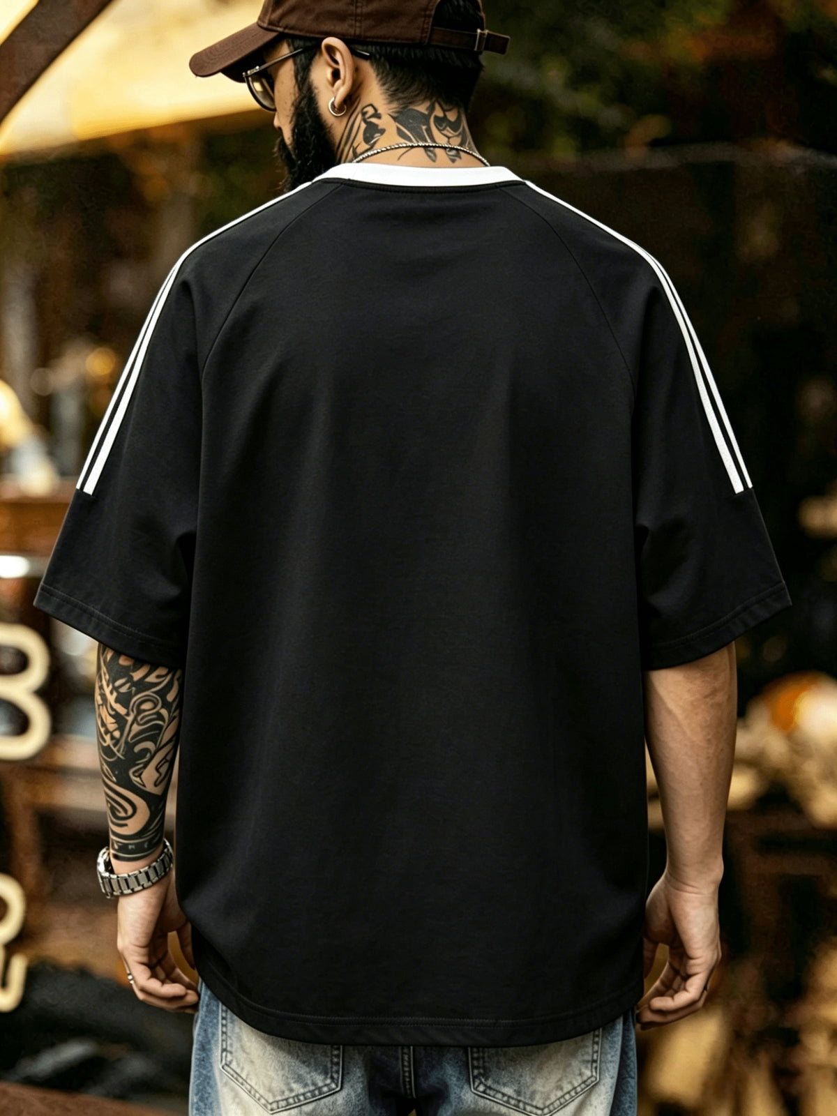 Summer Men'S Striped Street Style T-Shirt Casual Hip-Hop Round Neck Men'S Retro with Print Color-Block Collar Top Athletic Striped Short Sleeve - Black