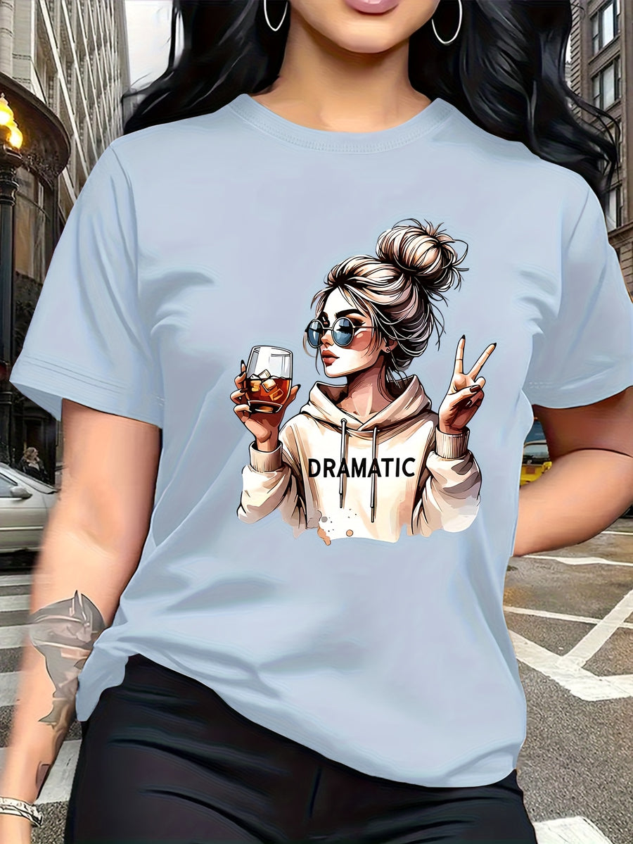 Street-style Trendy Art Print Featuring a Woman with a Bun Hairstyle and Fashion Glasses Holding a Red Wine Glass. Simple Round-neck Casual Versatile Short-sleeve Women's T-shirt, Suitable for Leisure, Travel, Vacation, and Other. 11643 - Light Blue