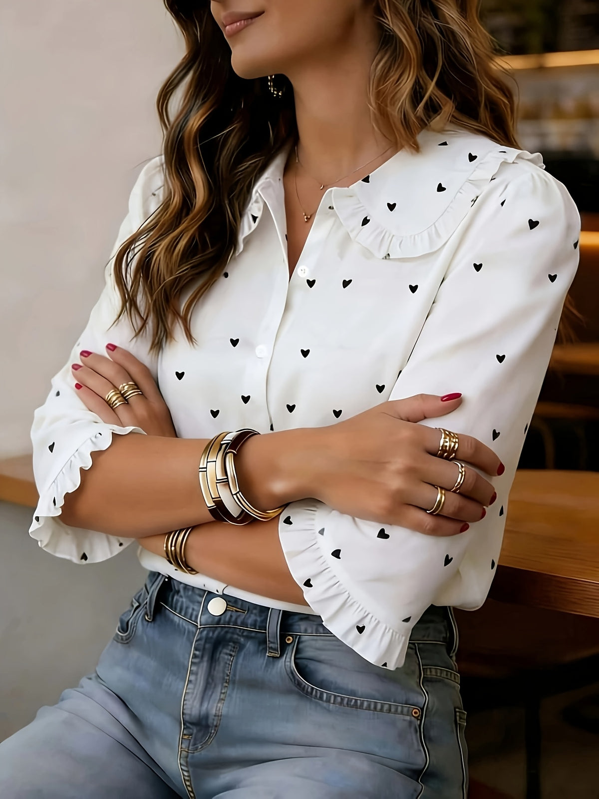 Women'S Heart Print Short Sleeve Blouse with Peter Pan Collar And Ruffled Cuffs - White
