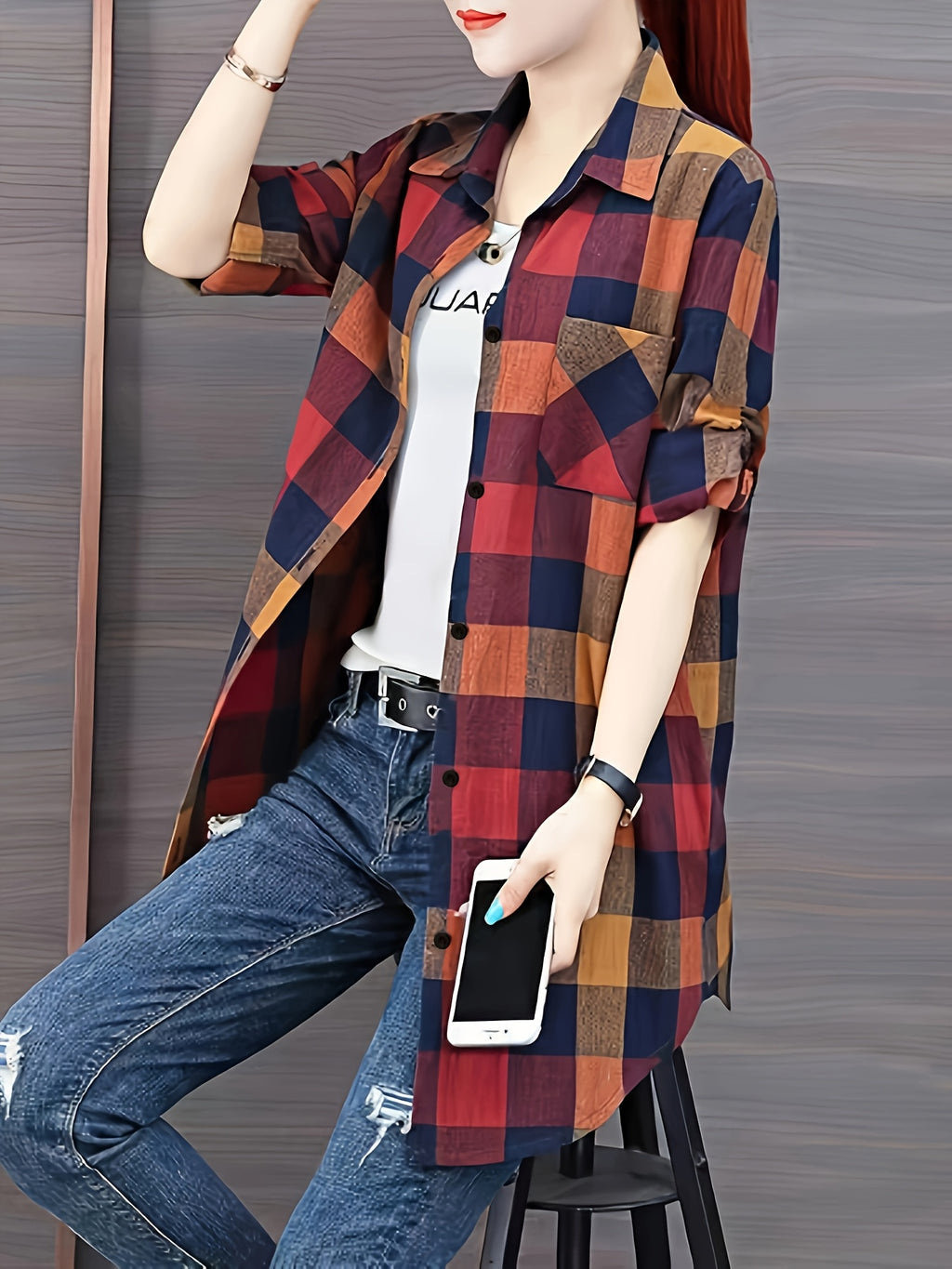 Spring and Autumn Fashion Long Plaid Shirt - Watermelon Red