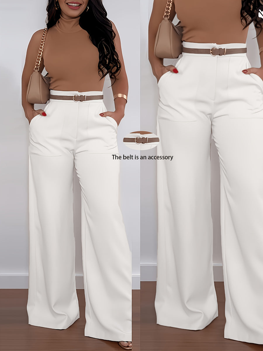 Women'S Trousers, Solid Color High Waist Wide Leg Casual Elegant Trousers (No Belt) + [Ta Lan] - White