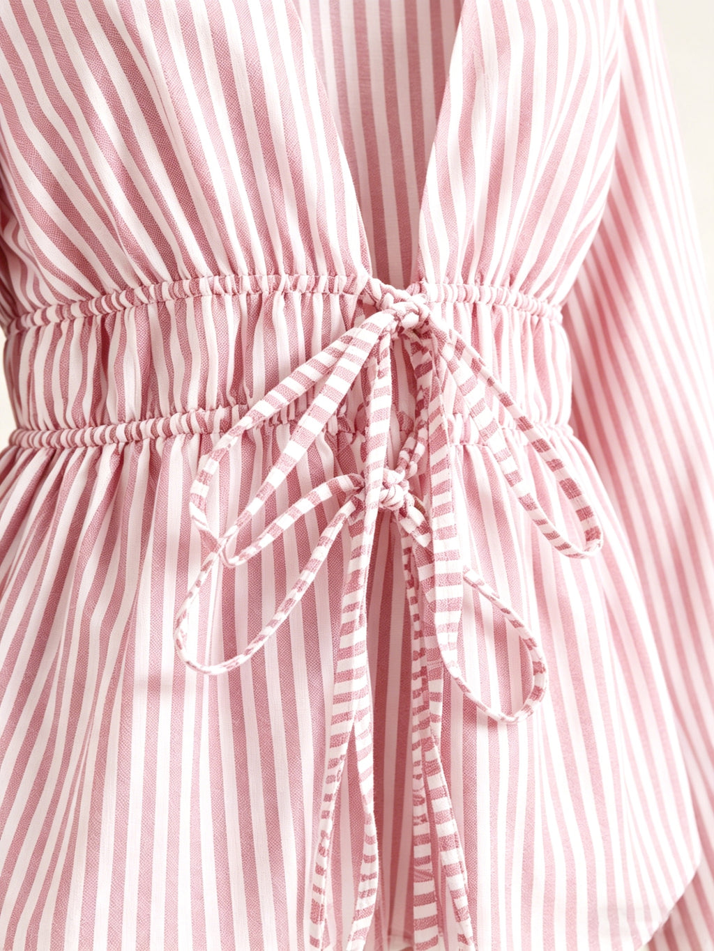 Belted Vertical Stripe Long-sleeve Shirt, Artistic Casual Fashion, Versatile Loose Top - Pink