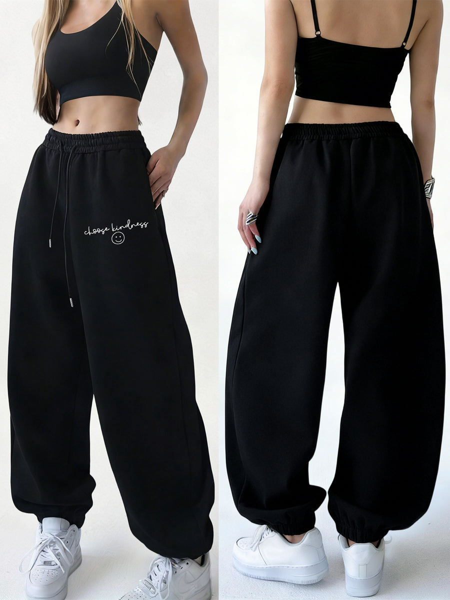 New Spring/Winter Women's Letter Print Jogger Sweatpants, Easy-Care Fabric, Soft and Warm, Machine Washable, Letter Print Lounge Pants, Suitable for Travel, Home, and Outdoor Outings, Solid Color Printed Pants, Monochrome Jogger Pants - Black