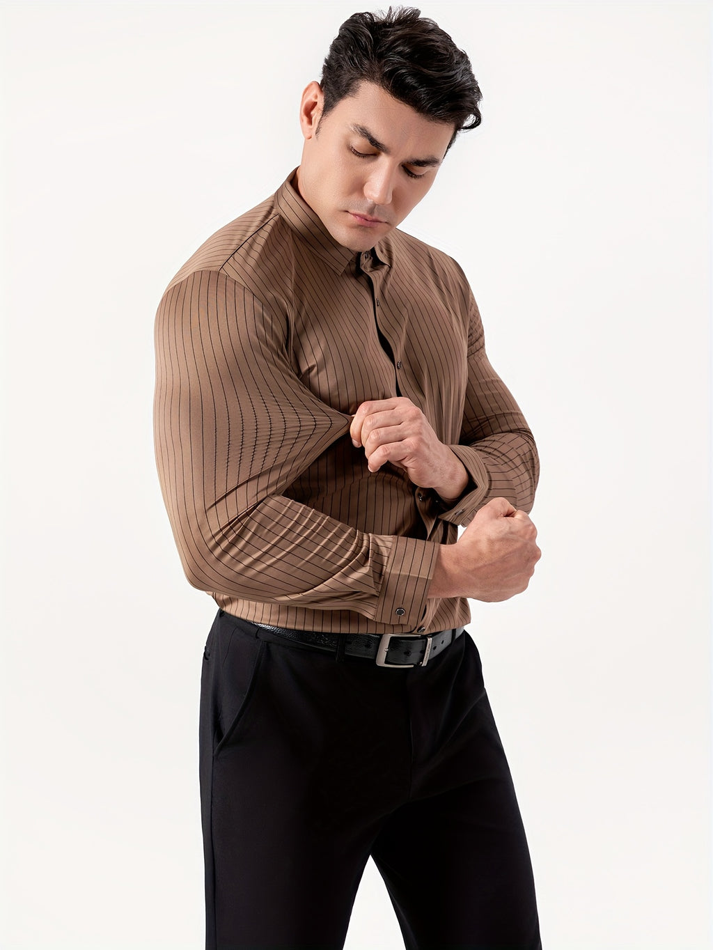 Seamless High-Elasticity Pressed Hem Wrinkle-Free Men's Long-Sleeve Striped Fashion Casual High-End Button-Up Cardigan Four-Way Stretch Men's Top, Fabric Weight 160g, Material 88% Polyester Fiber 12% Spandex - Coffee Strips