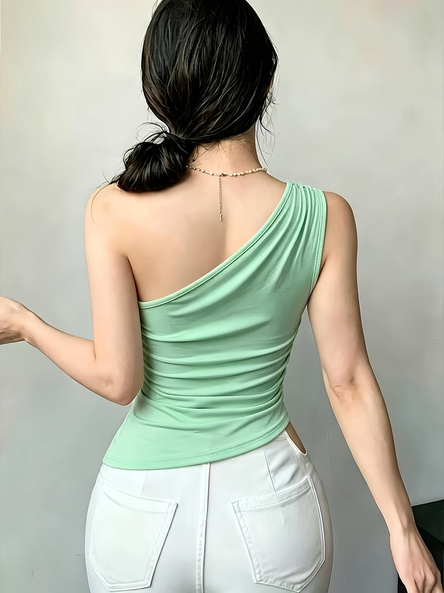 YY260317030 Women'S Asymmetrical Hem Pleated Waist Casual Top - Light Green