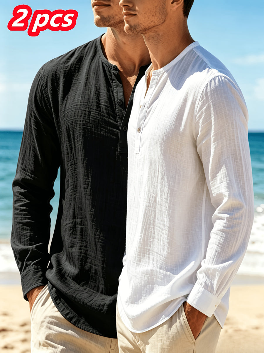 Men'S Spring/Autumn Linen Henley Long Sleeve Shirt, Breathable And Comfortable, Perfect for Beach Vacation [2pcs Set] - Black+Light White