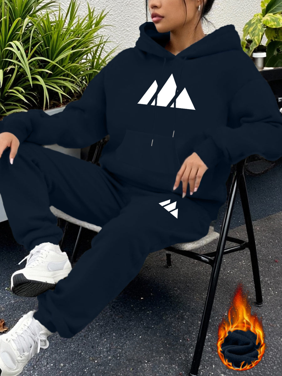 Geometric Print Women's -Lined Hooded Sweatshirt + Jogger Set, Machine Washable Pullover for Autumn/Winter, Soft Fabric, Versatile Daily Wear, -Lined Design, 100% Polyester, Ideal for Outdoor Sports, Durable and Comfortable Material, Warm and Stylish - Navy Color