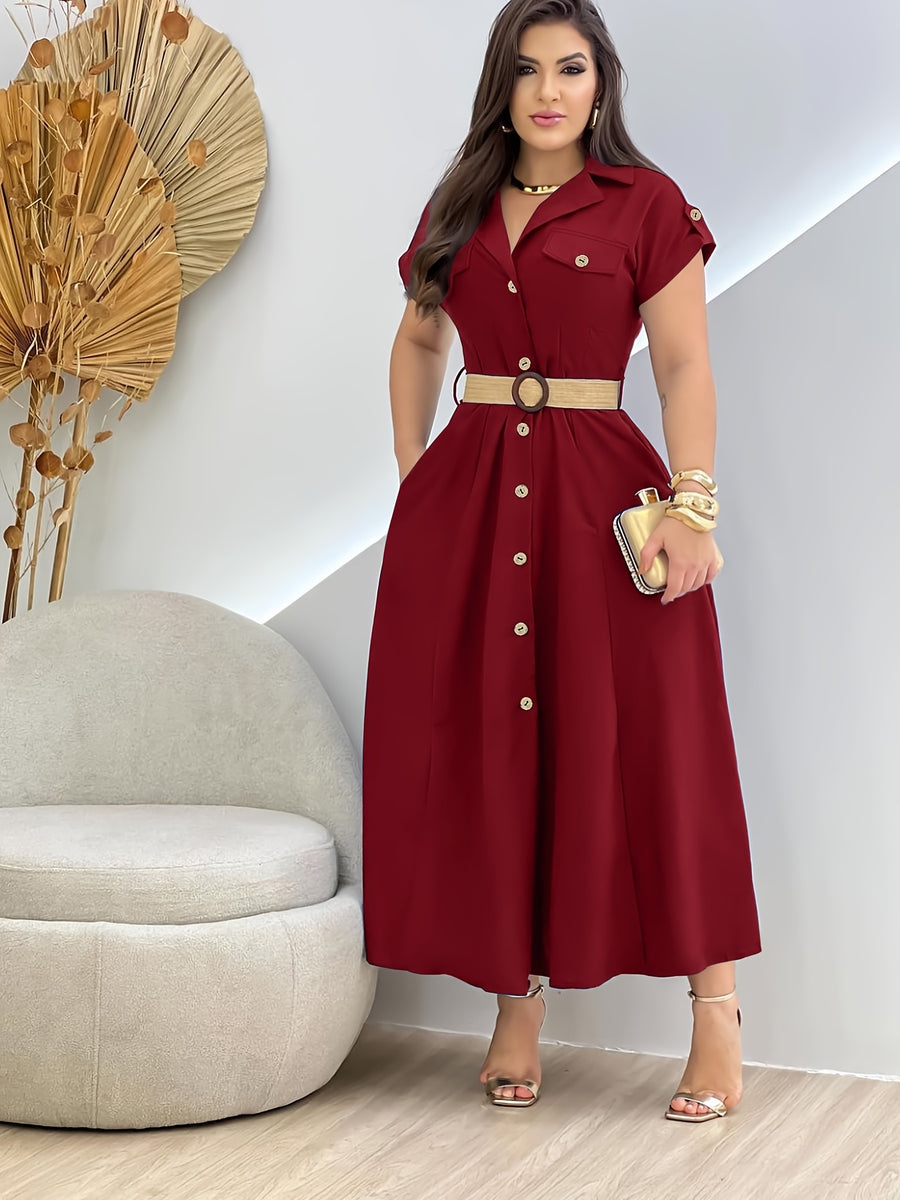 Summer New Elegant Fashion Commuter Versatile Party Women's Dress with Belt - Burgundy