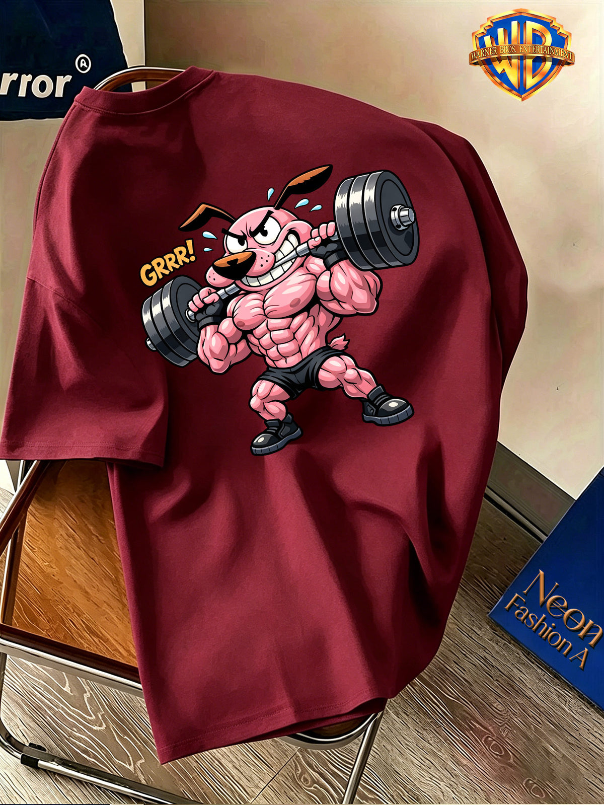 Warner Bros. Official Licensed Cool Cartoon Cowardly Dog Print Short-Sleeve T-Shirt, Men's Pure Breathable Spring/Summer Top, Versatile Casual Style, Soft and Skin-Friendly, Breathable and Comfortable, Suitable for Outdoor Wear, Fitness, and Other - Burgundy
