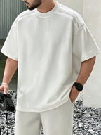 Men's Casual T-Shirt for Spring/Summer with 3D Shoulder Patchwork, Heavyweight Premium Feel Short Sleeve Crew Neck Pullover T-Shirt, Simple Streetwear Fashion Top, In Stock - White
