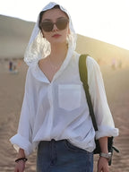 Elegant Special Women'S Solid Lace Patchwork Sheer Hooded Blouse - White