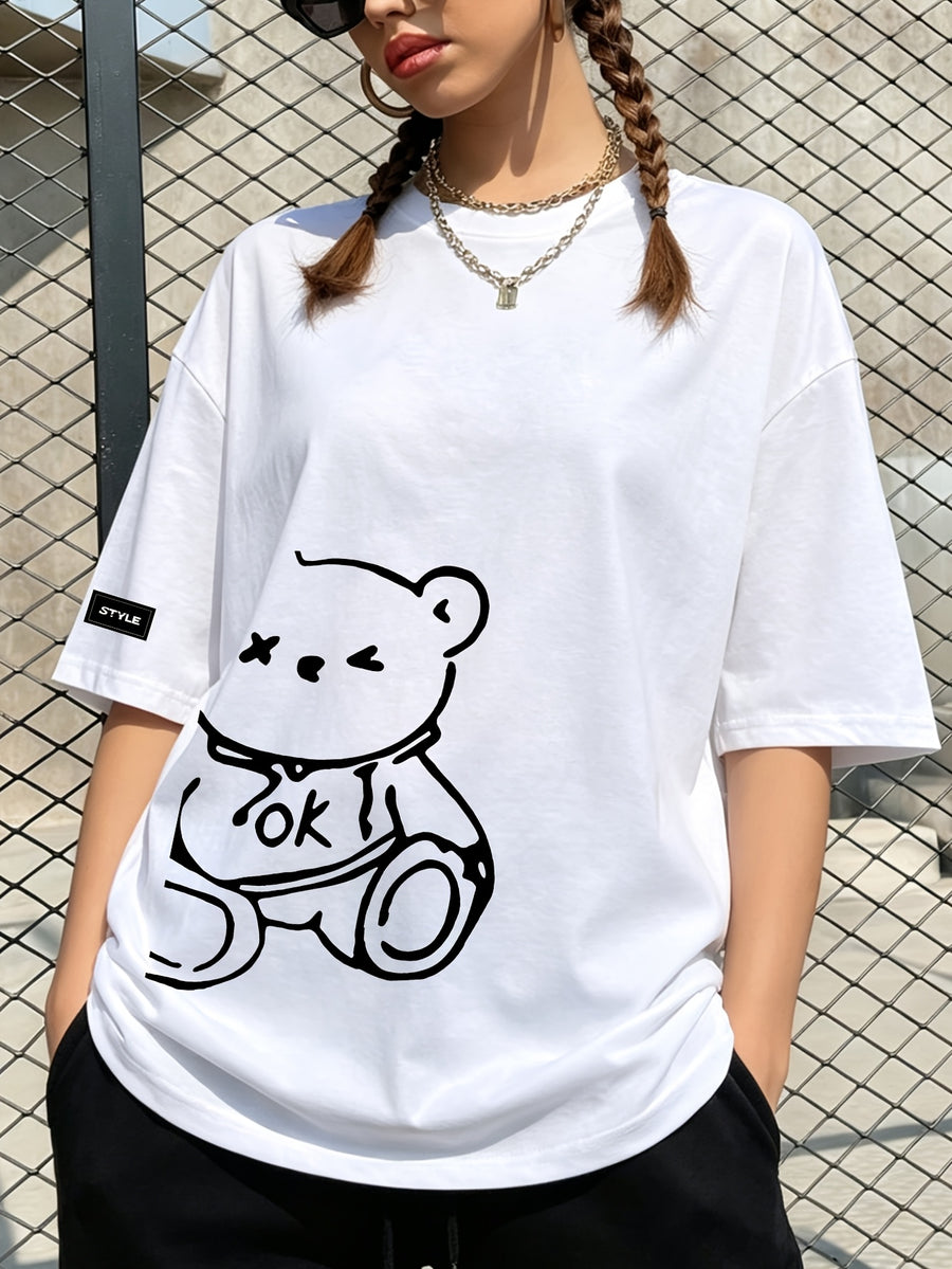 Minimalist Line Bear 'OK' Letter Print T-Shirt, Loose Fit, Casual and Relaxed Vibe, Perfect for Stylish Youthful Daily Street Outfits. - White