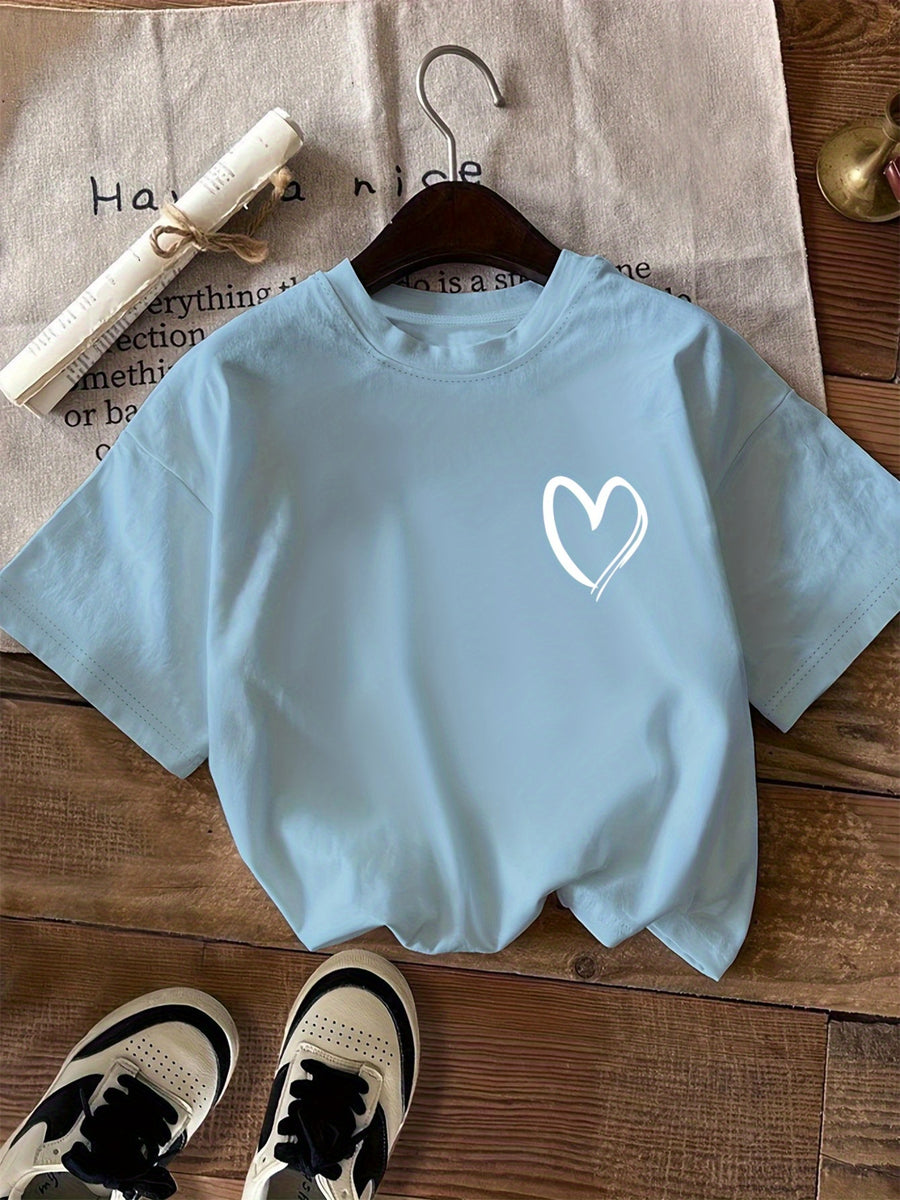 Pattern Print Short Sleeve, Casual Round Neck T-Shirt, Standard Size Women's - Sky Blue