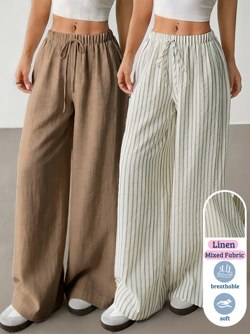 2pcs Summer Women'S New Linen Synthetic Wide-Leg Pants Women'S High-Waist Drapey Loose Vacation Style Straight Casual Trousers Striped Solid Color Drawstring Floor-Length Pants Commute All-Match Women'S Trousers - Light Coffee + Apricot Stripe