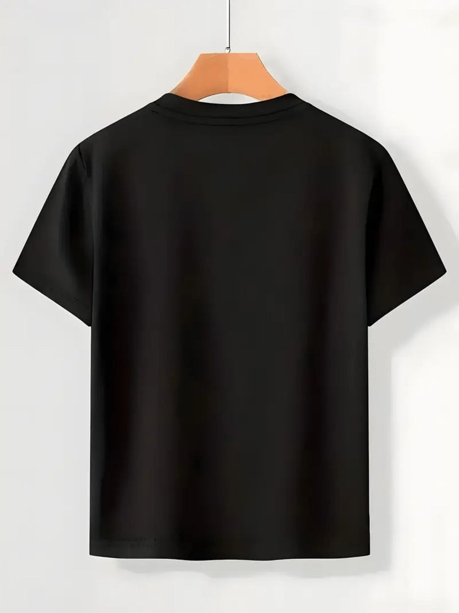 Summer Men's Simple and Stylish Letter Print T-shirt, Casual Round Neck, Slightly Stretchy Short Sleeves, Regular Fit, Suitable for Outdoor and Daily Casual Wear in Summer- Unisex- Single Piece - Black