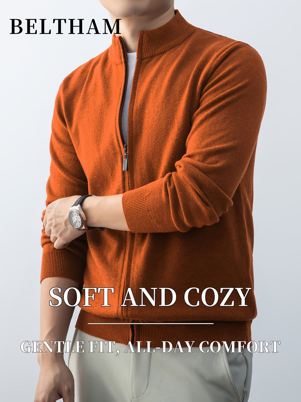2pcs New Spring Autumn Winter Men'S Knit Cardigan, Ideal Gift for Father And Husband, Solid Color Zipper Design Sweater, Elegant Versatile Knit Cardigan Coat, Suitable for Daily Casual Business Sports Outdoor Camping Fishing Wear - Wine Red+Orange