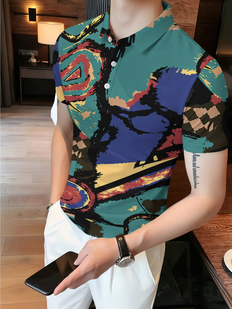 Men's Lapel Short Sleeve Full-Print Casual Polo Shirt with Blue and Cyan Color-Block Irregular Circular Geometric Abstract Graffiti Art Pattern, Breathable for Daily Wear, Men's Top, Printed Design - Not Textured 2D Printing - Mixed colors