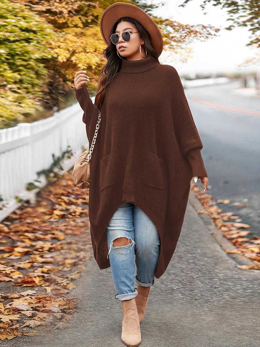 Plus Size, Elegant High-Neck Sweater with Asymmetrical Hem & Pockets - Stretchy Blouseable Sweater Suitable for Parties, Music Festivals, Back-to, Winter Warmth, Autumn Outfits, Hand Washable Solid Color Pullover - Maroon