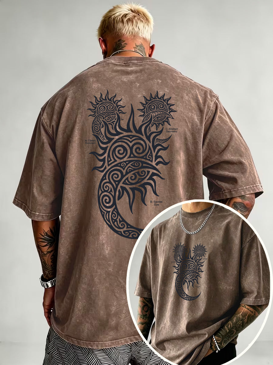 Washed Distressed Short Sleeve Loose Top, Tribal Totem Sun Vortex Trendy Print, Multi-Color Casual Matching, American Street Hip-Hop High Street Style, Daily Outing Commute Sports Fitness Couple Statement Versatile T-Shirt - Brown
