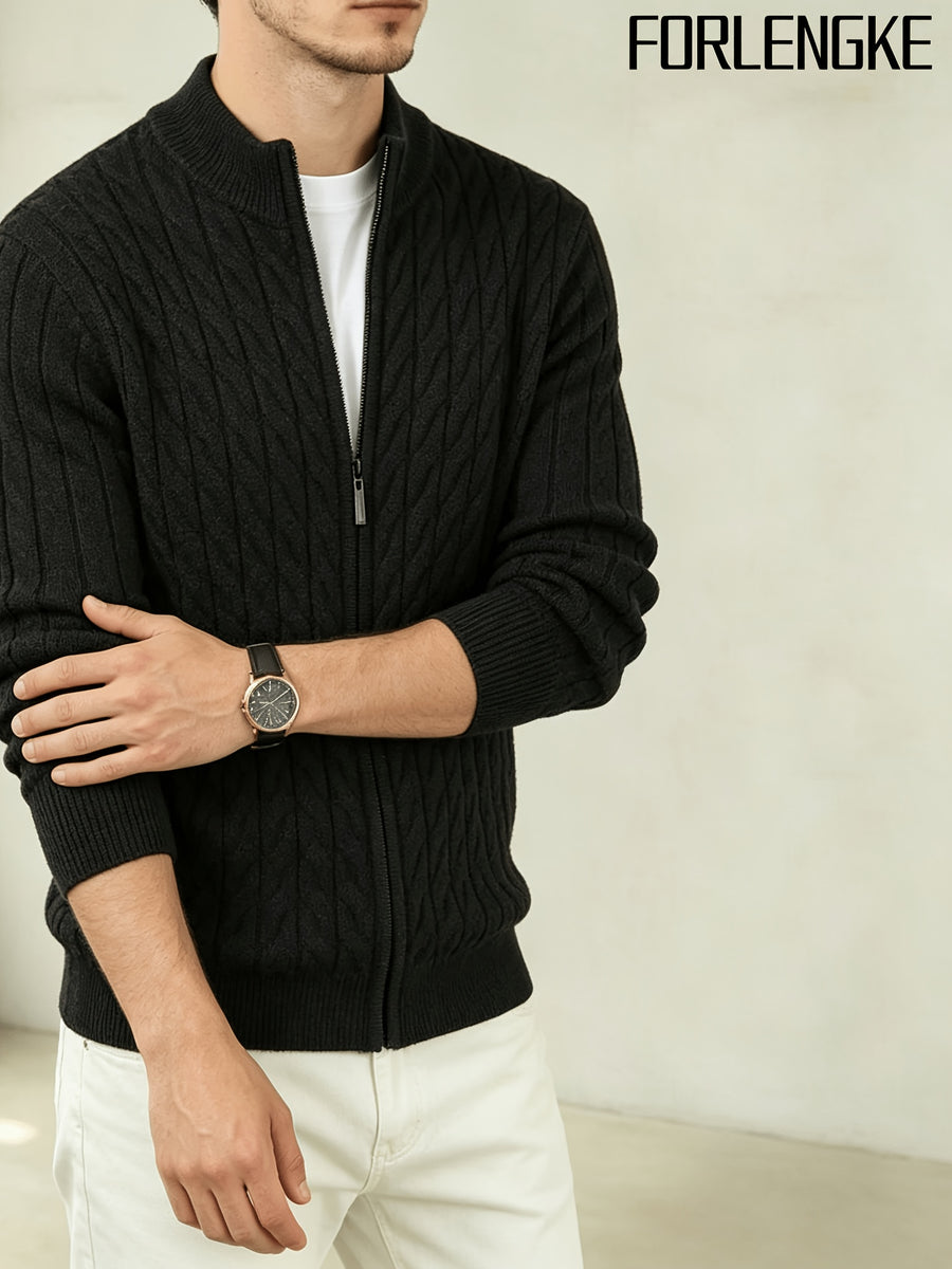 FORLENGKE New Stylish Men's Business Casual Stand Collar Cable Knit Zip Up Cardigan, Soft Warm Long Sleeve Knit Jacket for Fall Winter Office Daily Wear - Black