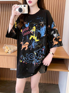 Summer New Fashion Trend Large Size Women'S Slim Loose Medium Long Cartoon Short-Sleeved T-Shirt - Black