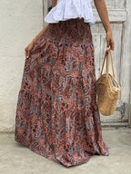 Women's Bohemian Summer Dress - Gypsy Print Maxi Skirt - High Waist, Flared A-Line with Geometric Pattern, Slim Fit Long Flowy Hem for Elegant Casual Beach and Outdoor Outfits - Reddish Brown