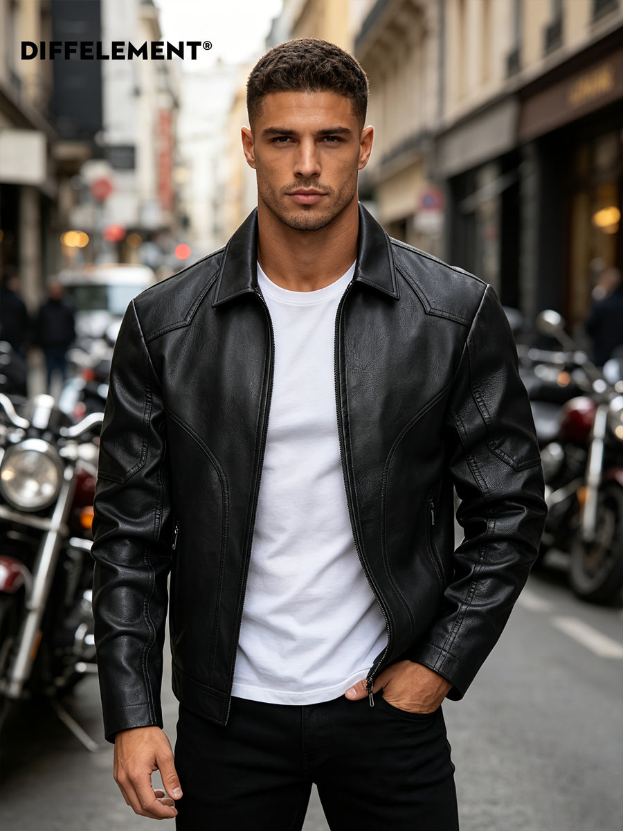 Men'S Lapel Biker Jacket Windproof Wrinkle-Resistant Durable Shaped 3D Cut Body-Shaping Flexible Delicate Fabric Classic Lapel Fitted Short Style Fit Biker Riding Western Street Casual Commuting Curved Seam Zipper Pocket All-Match Outerwear - Black