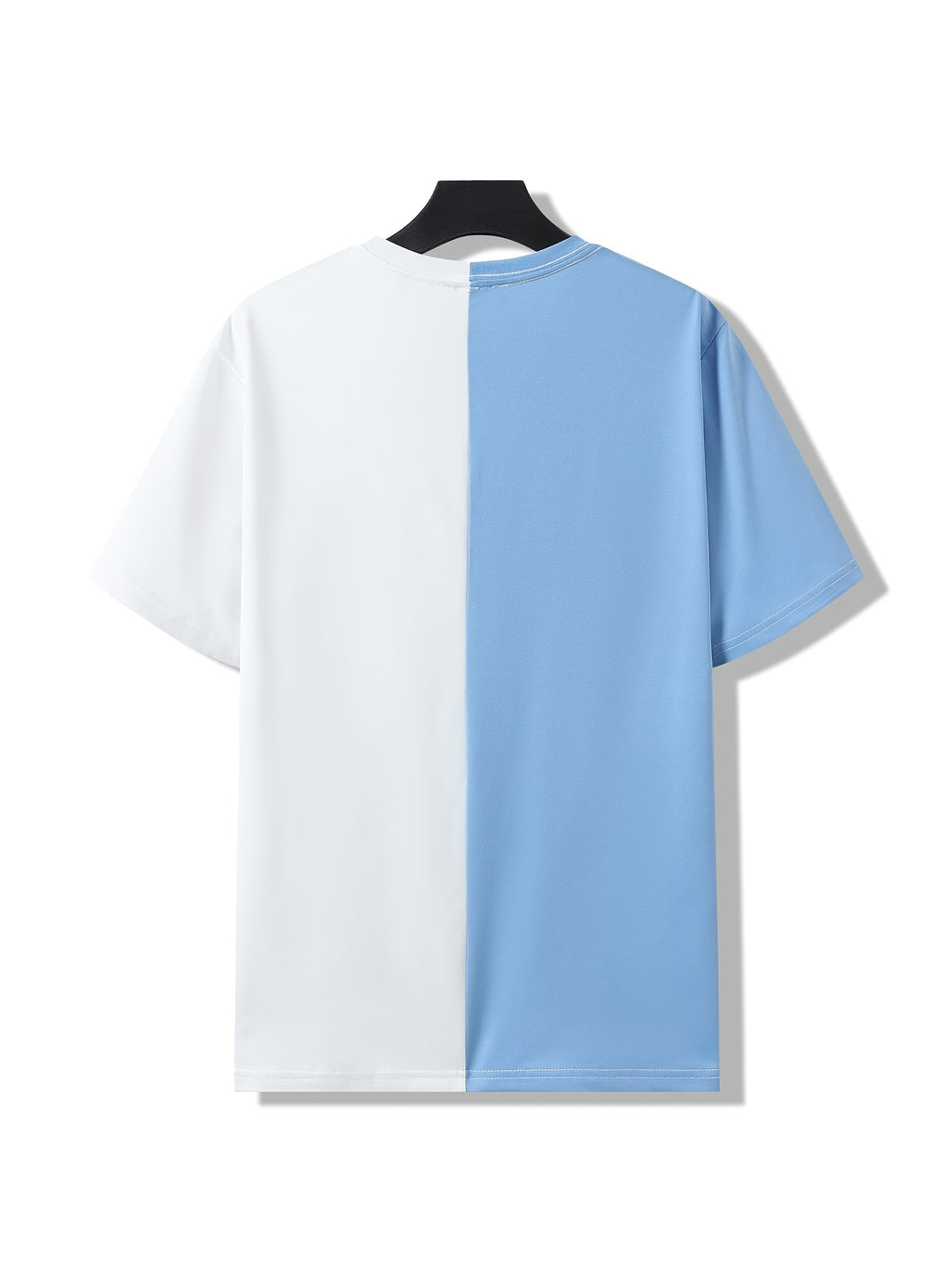 Men's Blue & White Contrast Short-Sleeve T-Shirt - Round Neck Loose Fit Casual Summer Top with Patchwork Color, Suitable for Daily Commuting, Outdoor Outings & Layering, Machine Washable Non- Shirt - Blue And White