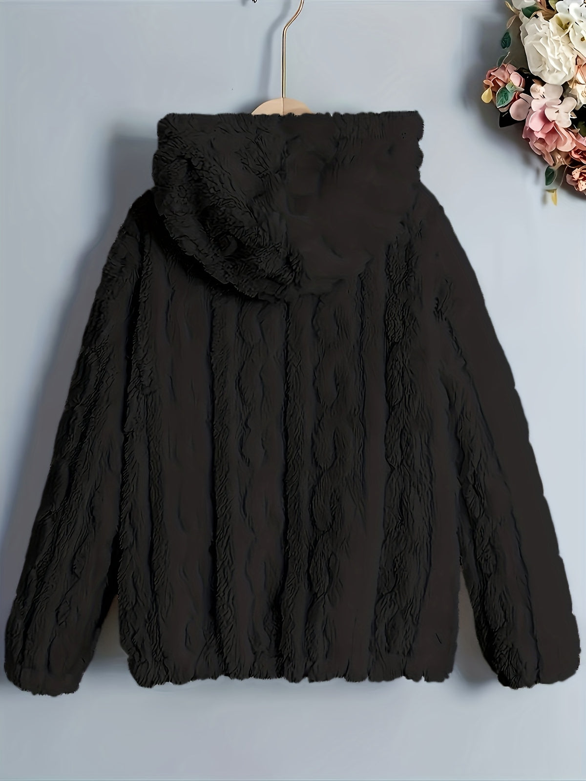 Plus Size - Autumn Winter Warm Thick Fleece Hooded Sweatshirt, Loose Casual Jacket, Coral Fleece Material, Plus Size Women'S Jacket/Winter Coat, Plus Size Women'S Outerwear, Elegant Women'S Shawl - Black