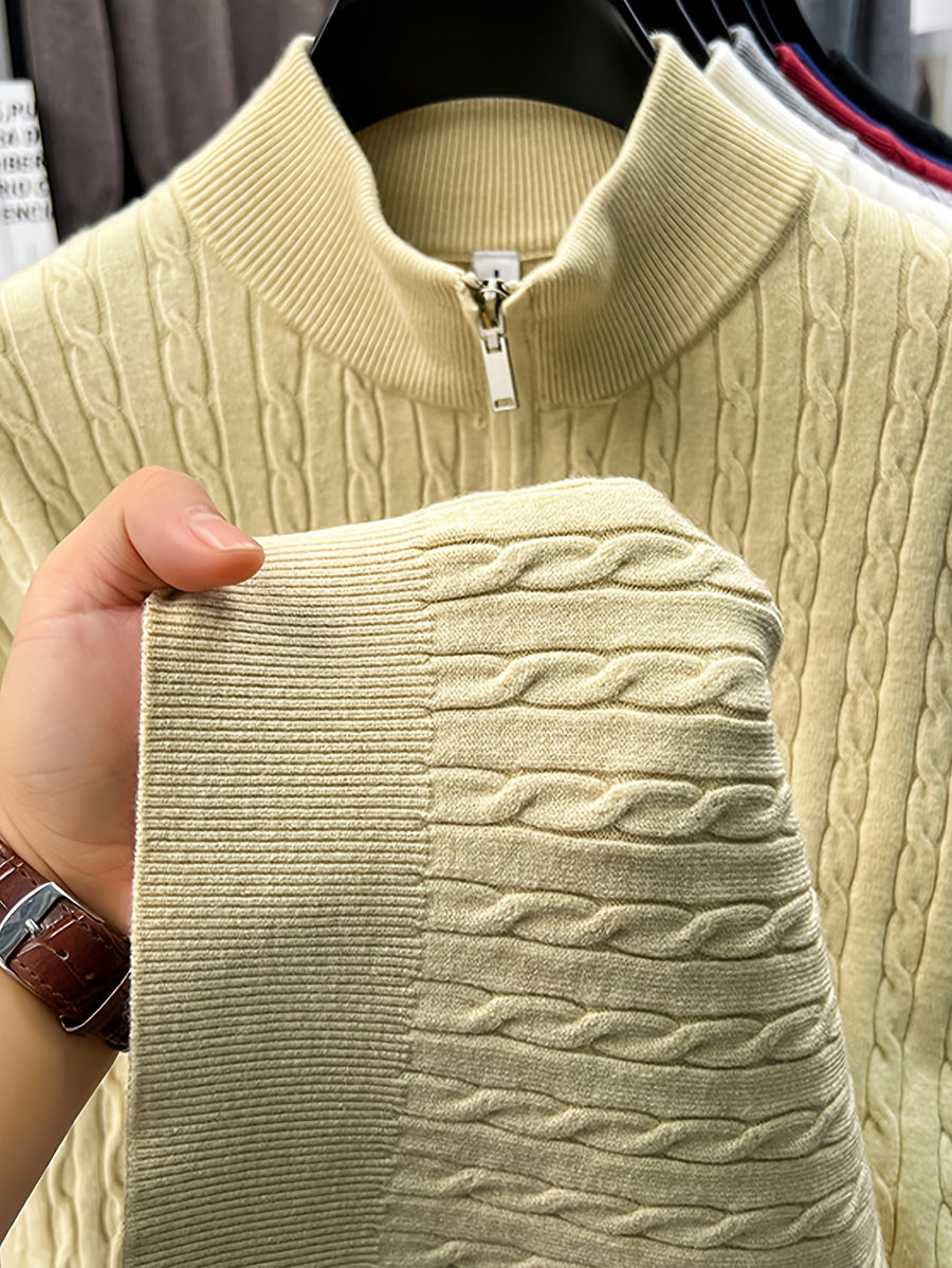 Half-zip Cable-knit Sweater, Fully Constructed with Herringbone Cable Stitching for a Strong Three-dimensional Texture. Compared to a Stockinette Sweater, It Has a More Vintage Feel. The Slightly Relaxed Fit Offers Good Forgiveness for Body Shapes - Beige Apricot